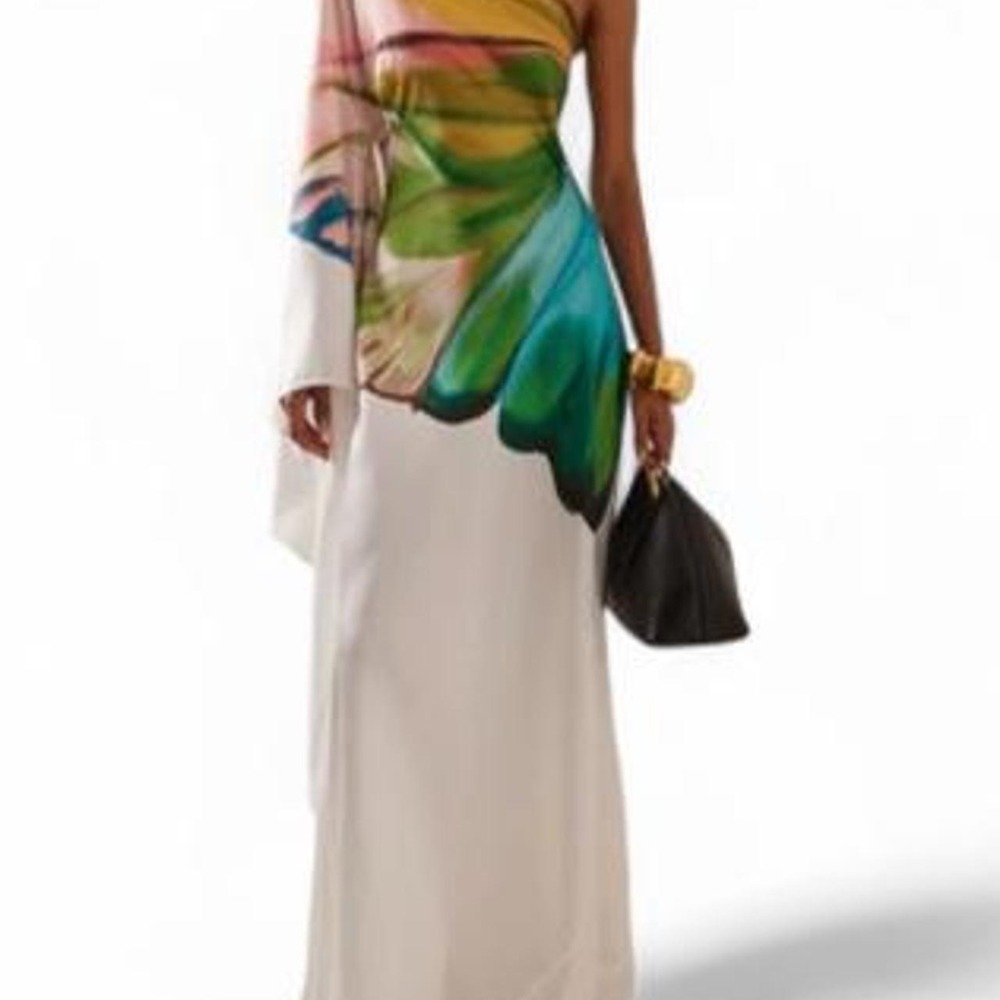 OSHOPLIVE One-Shoulder Asymmetric Flower Print Maxi Dress White Multi Size L NEW